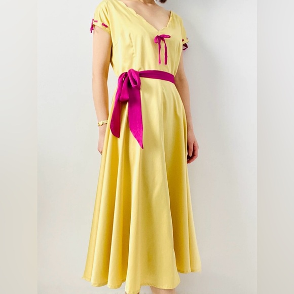 RARE Vintage chartreuse colorblock satin dress size large by Elvgren by Tatyana - Picture 4 of 11